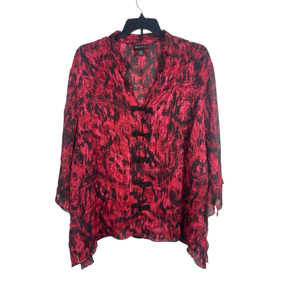 Maggie Barnes Red Black Floral Abstract Top 3X Sheer Beaded Frog Closures Tunic